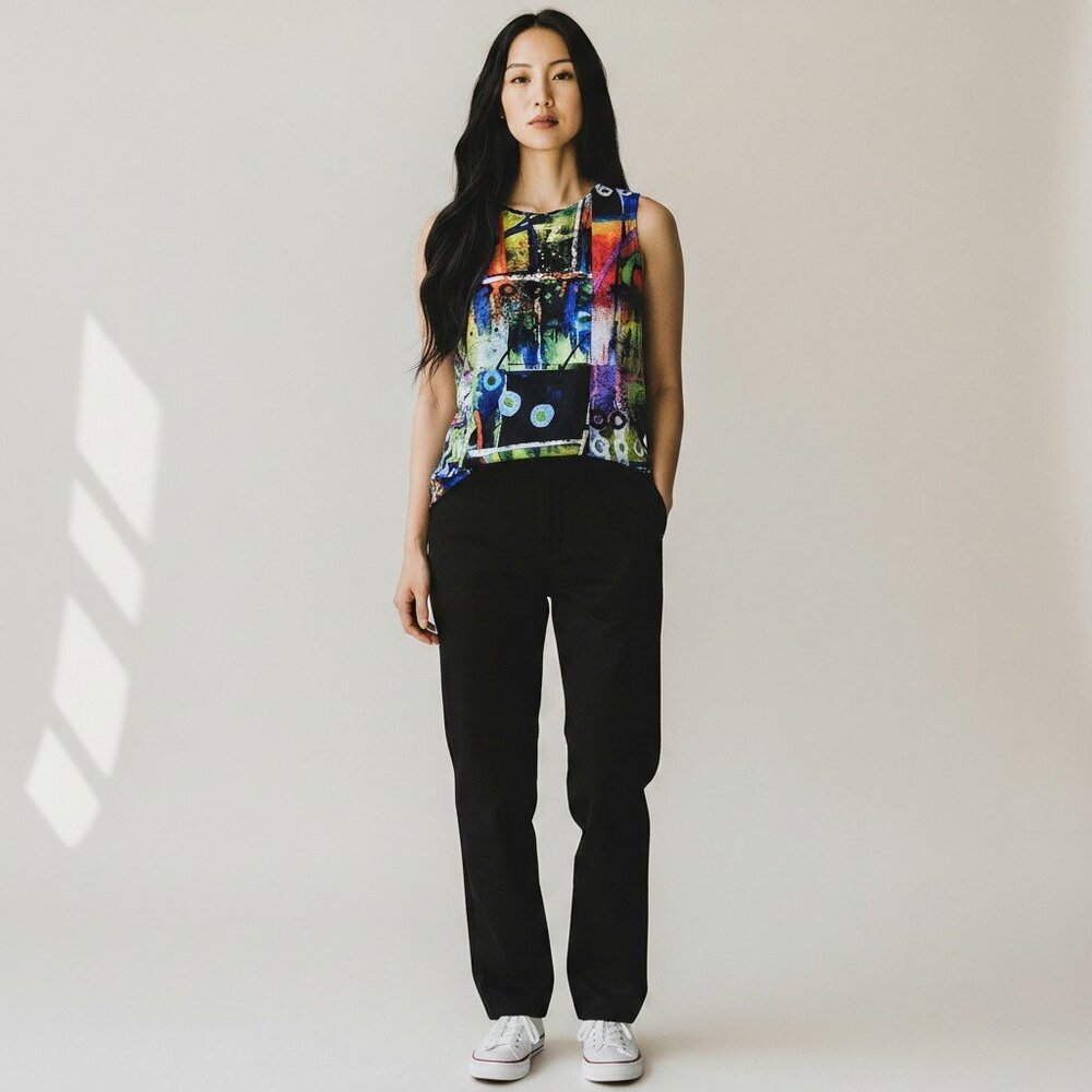 Damee Top Petite Medium PM Abstract Art‎ Sleeveless Tank Cami Colorful